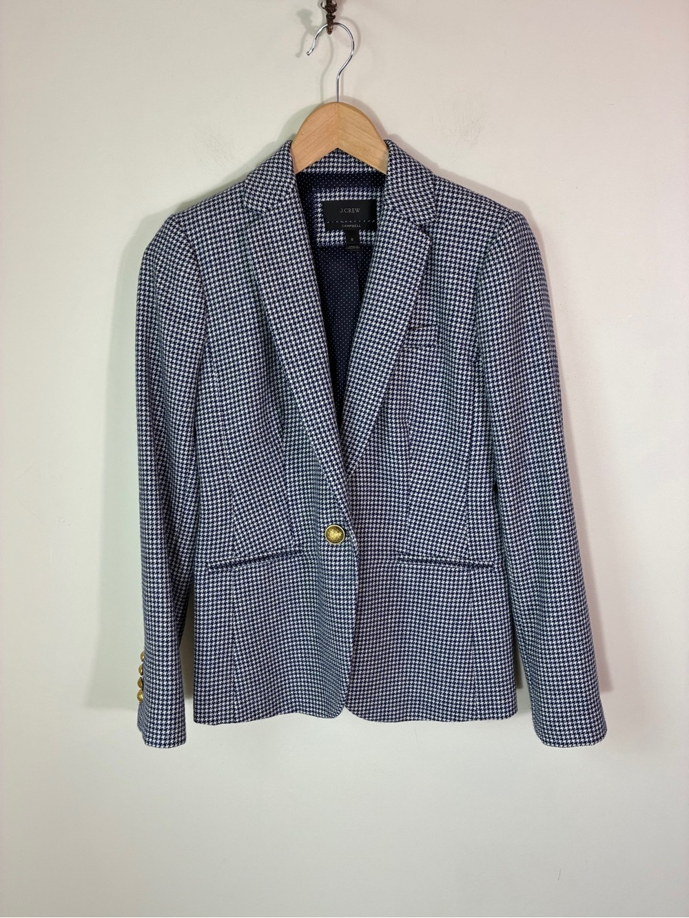 J. Crew Campbell Navy and Cream Houndstooth Wool Blend Blazer